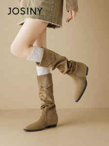 Josiny | Pointed Toe Long Boots Insulated Thick Heel Boots