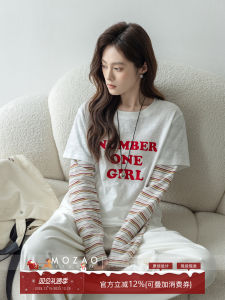 White Fashion Splice Sleeve Print round Neck T-Shirt Womens Long Sleeve Top Unique Spring Season Cotton Retro Style Casual Wear