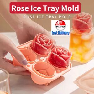 [SG SELLER] Rose Ice Patterns Food Grade Silicone Ice Cube Tray 4 Grids Ice Mold Pink/Green