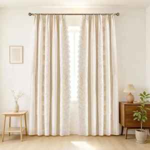 Beige Double Layer Curtains 2 Panels Four Prong Hook Floral Lace Sheer Overlay Scalloped Edge Window Drape for Bedroom