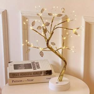 LED Golden Leaf Tree Light Touch Switch Copper Wire Bonsai Tree Lamp Night Light For Bedroom Living Room Home Decor