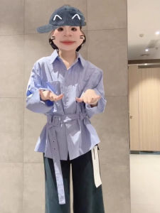 เสื้อเชิ้ตแขนยาวสีน้ำเงินสไตล์เกาหลีสำหรับผู้หญิง ทรงหลวมๆ ลำลอง เสื้อเชิ้ตคอโปโล ทรงปกติ ดูดีตลอดทั้งปี