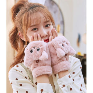 ♡Lovely girls house♡ Women Girl Winter Rabbit Fur Fingerless Gloves Warm Plush Glove Winter Thick Soft Gloves for Women Girls