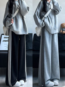 Black High Waist Wide Leg Three Bars Sports Pants Womens Autumn New Style Slimming Small Size Straight Casual Sweatpants