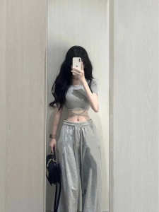 ไฮ เอว เชือกรูด กางเกงลำลอง ผู้หญิง สีเทา อเมริกันเรโทร หลวม ทรงหลวมขากว้าง กางเกง ฤดูใบไม้ร่วง สไตล์ใหม่ ใส่สบาย ระบายอากาศได้ดี