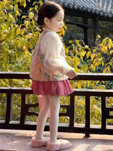 New Chinese Style Girls Velvet Vest Set Three Pieces Embroidered Autumn Winter New Childrens Silk Velvet Skirt Suit Vest