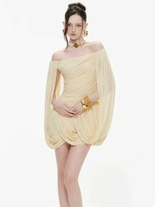 French Yellow Off-shoulder Dress