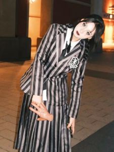 Halloween Wednesday Adams School Uniform Dress Cosplay Wig Childrens Male Female Version Plaid Pattern Cosplay Costume
