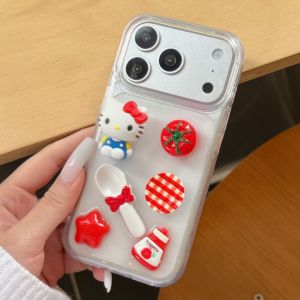 Sanrio | Cute Cartoon 3D Tomato Hello Kitty Phone Case For iPhone 17 16 15 14 13 12 11 Pro Max Plus Air Transparent Soft Shockproof Cover