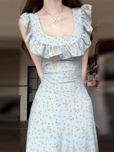 Homecore | Blue U-Neck Waist-Cinching Floral Print Summer Dress 2025 New Style