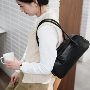 Retro French Style Onion Wood Leather Bowling Bag Underarm Shoulder Bag Soft Tanned Cowhide Medium Size Youth Fashion