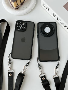 เคสโทรศัพท์แบบสะพายข้างสไตล์ฮ่องกง ป้องกันเลนส์ สายคล้องหลัง ครอบเต็มจอ โปร่งแสง ดำ สำหรับ Huawei Mate70 pro 60 Nova14