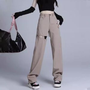 WANGGONGZHU | High Waist Slimming Chic Ripped Denim Jeans Women Summer New Washed Loose Drapey Floor-Length Wide Leg Long Pants