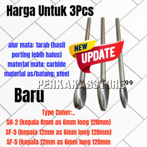 3pcs mata cuner tuner rotary burs batang 6mm long 120mm mata porting searah carbide baru