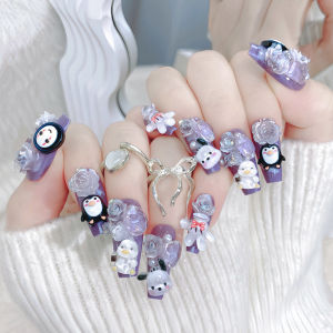 【With Glue】Ready Stock Female Mid-length Fake Nail Cute Penguin Artificial Nail for Women and Girl Party Activity