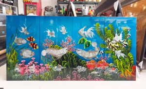 Bộ Tranh sơn mài 4 tấm - QUẦN NGƯ HỘI TỤ - Size 80x160 cm hàng cao cấp dày dặn xuất khẩu