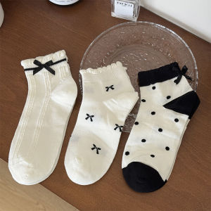 White Butterfly Knot Short Tube Socks for Women Pure Cotton Summer Thin Mesh Breathable Japanese Cute Floral Mid-Cylinder Socks