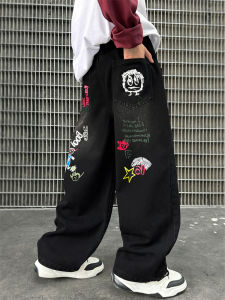 Boys Black Denim Jeans Spring Autumn Cartoon Loose Long Pants Korean Style Elastic Waistband Breathable Childrens Clothing