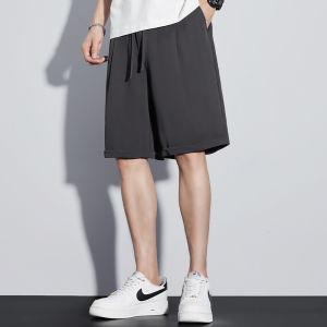 กางเกงขาสั้นผ้าไหมน้ำแข็งสำหรับผู้ชาย ทรงหลวม ลำลอง 5 นิ้ว ฤดูร้อน 2025 กางเกงขายาวทรงตรง ผ้าฝ้ายโพลีเอสเตอร์ ระบายอากาศได้ดี