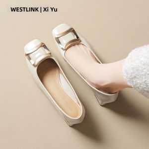 Square Buckle Shallow French Style Womens Low Heel Shoes