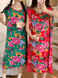 Northeast Big Flower Sleeveless Nightdress Womens Summer Cotton Silk Pajamas 2024 New Homewear National Style Bourette Dress Mid-Length Dress