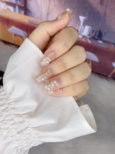 Bộ 24 móng tay giả dài - Z 434 - đính charm sang trọng dễ thương dự tiệc cho nữ màu nude - Kèm keo dán móng CÓ ẢNH SP THẬT