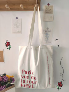 Trendy Canvas Shoulder Bag for Women Large Capacity Shopping Bag Student Class Bag Letter Print Soft Handbag Magnetic Buckle Closure