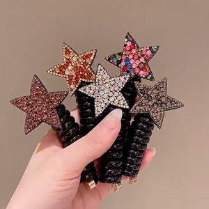 🔥IVY Star Telephone Wire Hair Rope Colorful Diamond Pentagram Curled Rubber Band Girl Hair Rope