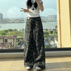 American Style Camouflage Work Pants Womens Loose Natural Waist Wide Leg Jeans Casual Comfortable Cotton Blend Denim