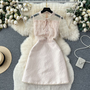 Elegant Sequin Embroidery Slimming A-Line Dress Heavy Beading Mesh Splicing High Waist Short Sleeve Mid-Length Korean Style