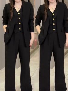 plus Size Womens Fashion Suit Set V-Neck Jacket And Pants Two-Piece Ensemble Elegant Splice Design High-End Feeling