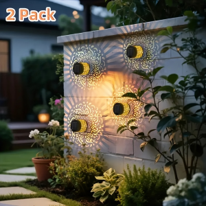 2 Kits Solar Wall Lantern Metal Outdoor Wall Light Fence Lamp for Garden Backyard Decor 4-Season Front Door Outdoor Decoration