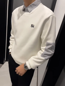 Mens Lapel Fake Two-Piece Embroidered Sweatshirt 2026 Autumn Winter New Shirt Collar Base Layer Long Sleeve Top