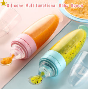 New Silicone Squeeze Bottle Spoon Baby Feeding Bottle Food Feeder Spoon dearyoyo Silicone Rice Paste Spoon Squeeze Feeding Spoon Rice Paste Bottle Food Feeder，90ML carto