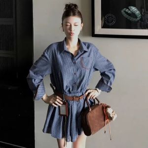 PEIZIXUAN | Đầm Áo Sơ Mi Caro Thời Trang Hè Thu
