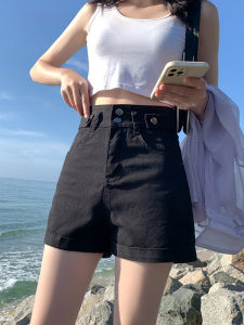 High Waist Black Denim Shorts Womens Summer Thin Wide Leg Hot Pants Stylish Design Cotton Polyester Blend Straight Cut Shorts