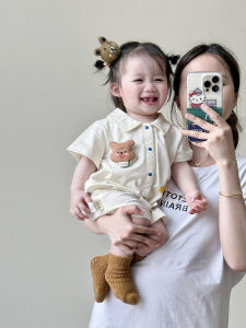 Summer Bear Collar Short Sleeve Baby Romper Swaddle Cloth Diaper Coverall Infant Clothes Cotton Polyester Blend Baby Romper