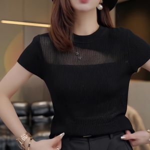 เสื้อยืดคอกลมแขนสั้นสีดำสไตล์เกาหลี ดีไซน์เก๋ไก๋ แฟชั่นฤดูร้อน สำหรับผู้หญิง ทรงสลิมฟิต ผ้าถักแบบมีรู
