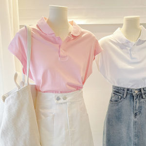 Korean-Style Polo Collar Short Sleeve T-Shirt for Women Summer Casual Minimalist Work Clothing Slim Fit Pure Color Cotton Polyurethane Elastane