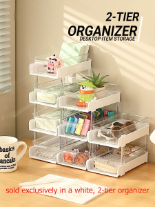 LOCAUPIN 2 Tier Mini Desktop Organizer Transparent Drawer Type Stationery Storage Rack Multifunctional Make Up Sort Box