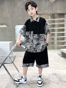 Boys Summer Outfit Set Short Sleeve Trendy Cotton Blend Fabric Casual Style Childrens Hanfu Clothing Short Sleeve plus Shorts