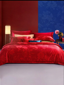 FUANNA (富安娜) | Bộ Chăn Ga Gối Đỏ Cotton Jacquard 4 Món