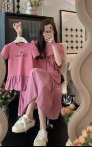 South Korea Childrens Clothing Parent-Child Clothes Summer New Arrival a Family of Three Heart Letter Splicing Short Sleeve Dress Mother and Daughter Western Style