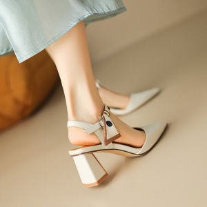 Super Easy to Wear! Goddess Closed Toe Sandals Womens Summer Pointed High Heels Chunky Heel Leather Creamy-white Size 33 40 Silver