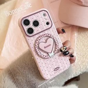 Potdemiel | Korean Striped Dot Fold Grid Pattern Love Heart Magnetic Holder Phone Case For iPhone 17 16 15 14 13 12 Pro Max Shockproof Cover