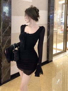 Váy Lưới Tay Áo Phồng Giả Hai Mảnh Cho Nữ Thu Đông Mới Thắt Eo Thon Gọn Thanh Lịch Váy Ngắn Bên Trong Váy Ngắn Ôm Sát