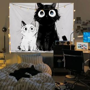 VIKAMA Mèo Con Dễ Thương Mèo Trắng Đen Tấm Thảm Treo Tường Polyester Thẩm Mỹ Ảnh Phông Nền Cho Phòng Ngủ Trang Trí Ký Túc Xá