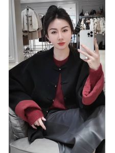 Handmade Double-Faced Woolen Short Jacket Womens Sweet Style round Neck Long Sleeve Coat with Cuffed Sleeves Retro Chinese New Style