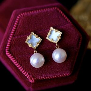 Montagne Jewelry 18k Pure Gold Earring for Women Four Leaf Clover Design Fine Jewellery Natural 7.5-8mm Akoya Pearl Earring Stud Earrings