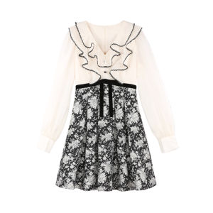 French Elegant Lace Chiffon Dress Womens Gauze V-neck High Waist Skirt Sweet Style Spring Season Long Sleeve Short Dress